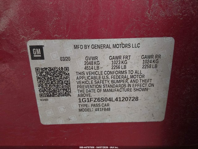 1G1FZ6S04L4120728 Chevrolet Bolt Ev Fwd Premier