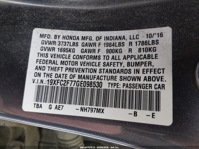 44797512 :رقم المزاد ، 19XFC2F77GE098530 vin ، 2016 Honda Civic Ex مزاد بيع