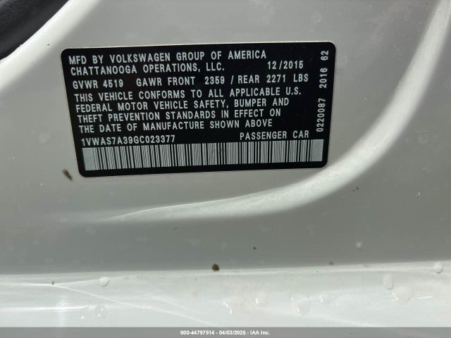 44797514 :رقم المزاد ، 1VWAS7A39GC023377 vin ، 2016 Volkswagen Passat 1.8t S مزاد بيع