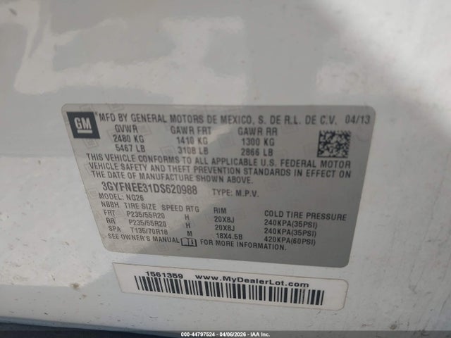 44797524 :رقم المزاد ، 3GYFNEE31DS620988 vin ، 2013 Cadillac Srx Premium Collection مزاد بيع