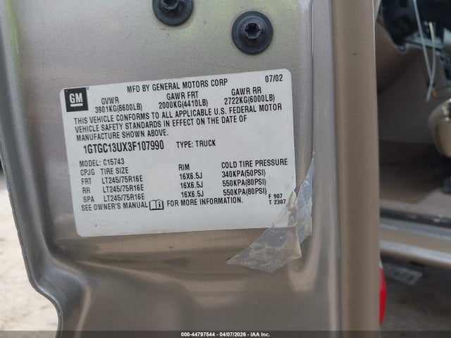 44797544 :رقم المزاد ، 1GTGC13UX3F107990 vin ، 2003 Gmc Sierra 1500hd Sle مزاد بيع