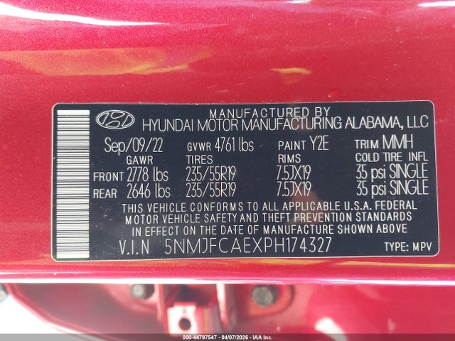44797547 :رقم المزاد ، 5NMJFCAEXPH174327 vin ، 2023 Hyundai Tucson Sel مزاد بيع