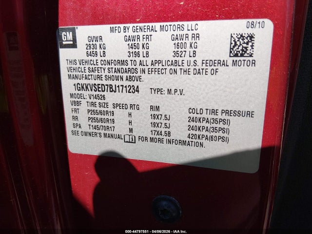 2011 Gmc Acadia Slt-2 მანქანა იყიდება აუქციონზე, vin: 1GKKVSED7BJ171234, აუქციონის ნომერი: 44797551