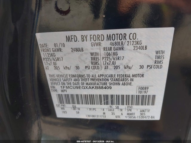 Aukcja sprzedaży 2010 Ford Escape Limited, vin: 1FMCU9EGXAKB88409, numer aukcji: 44797557