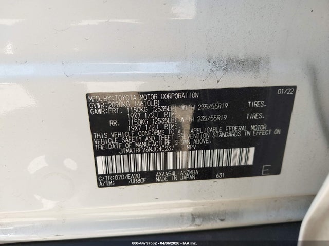 2022 Toyota Rav4 Xle Premium მანქანა იყიდება აუქციონზე, vin: JTMA1RFV6NJ040237, აუქციონის ნომერი: 44797562