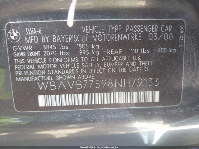 2008 Bmw 335i მანქანა იყიდება აუქციონზე, vin: WBAVB77598NH79133, აუქციონის ნომერი: 44797566