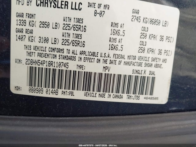 44797570 :رقم المزاد ، 2D8HN54P18R110745 vin ، 2008 Dodge Grand Caravan Sxt مزاد بيع