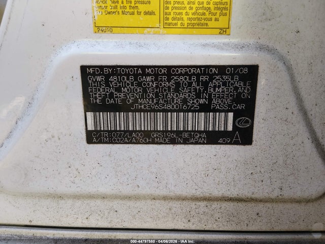 Aukcja sprzedaży 2008 Lexus Gs 350, vin: JTHCE96S480016725, numer aukcji: 44797580
