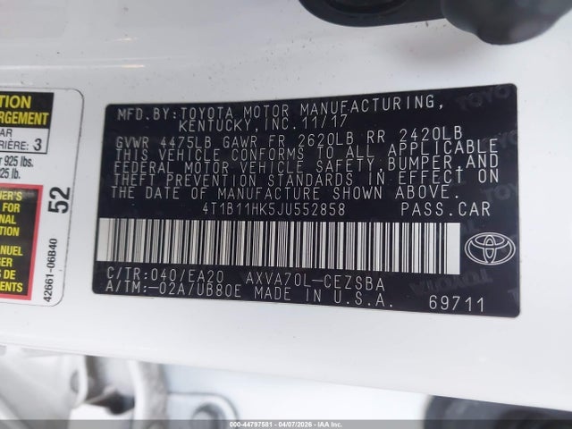 4T1B11HK5JU552858 Toyota CAMRY SE