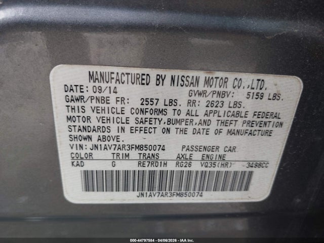 Продажа на аукционе авто 2015 Infiniti Q50 Hybrid Premium, vin: JN1AV7AR3FM850074, номер лота: 44797584