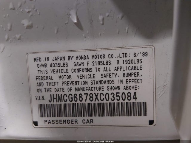 Aukcja sprzedaży 1999 Honda Accord Ex, vin: JHMCG6678XC035084, numer aukcji: 44797587