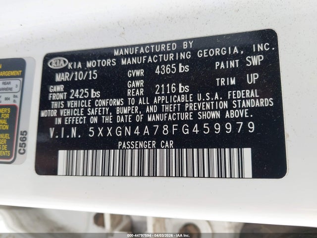 2015 Kia Optima Ex მანქანა იყიდება აუქციონზე, vin: 5XXGN4A78FG459979, აუქციონის ნომერი: 44797594