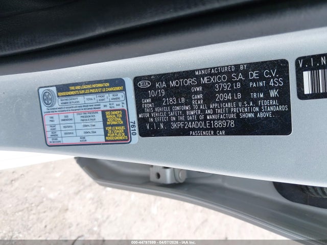 Продажа на аукционе авто 2020 Kia Forte Lxs, vin: 3KPF24AD0LE188978, номер лота: 44797599