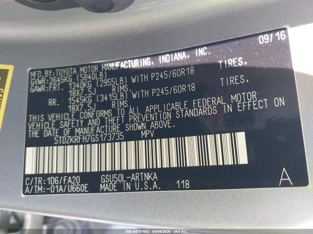 5TDZKRFH7GS173735 Toyota Highlander Le Plus V6