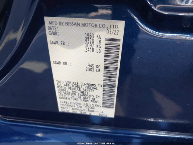 1N4BL4CV0NN361596 Nissan Altima Sr Fwd