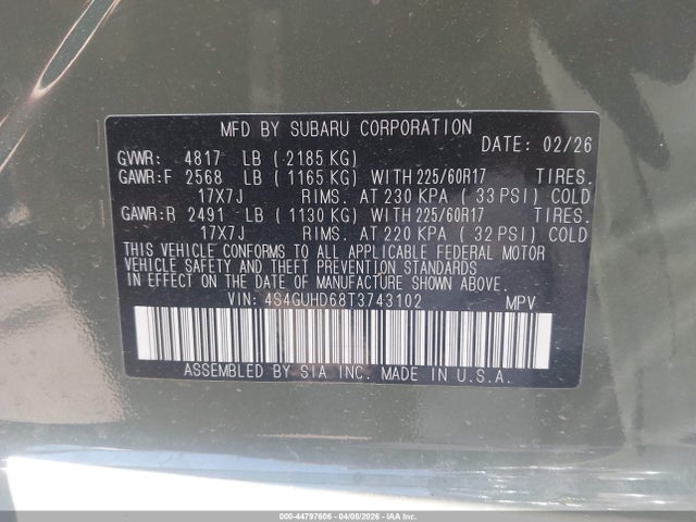 Aukcja sprzedaży 2026 Subaru Crosstrek Premium, vin: 4S4GUHD68T3743102, numer aukcji: 44797606