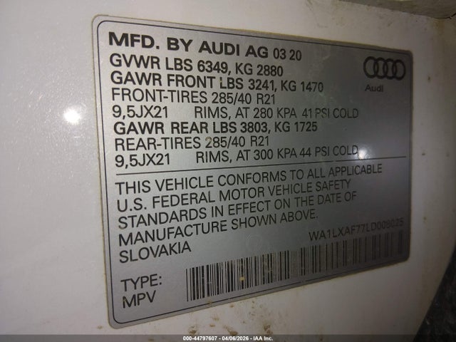 2020 Audi Q7 Premium Plus 55 Tfsi Quattro Tiptronic მანქანა იყიდება აუქციონზე, vin: WA1LXAF77LD008025, აუქციონის ნომერი: 44797607