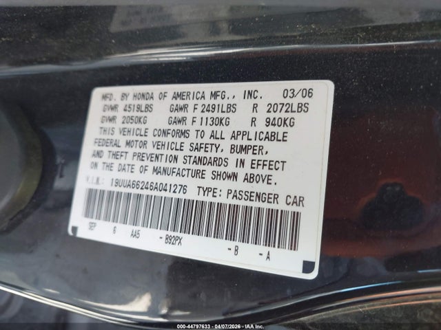 Продажа на аукционе авто 2006 Acura Tl, vin: 19UUA66246A041276, номер лота: 44797633