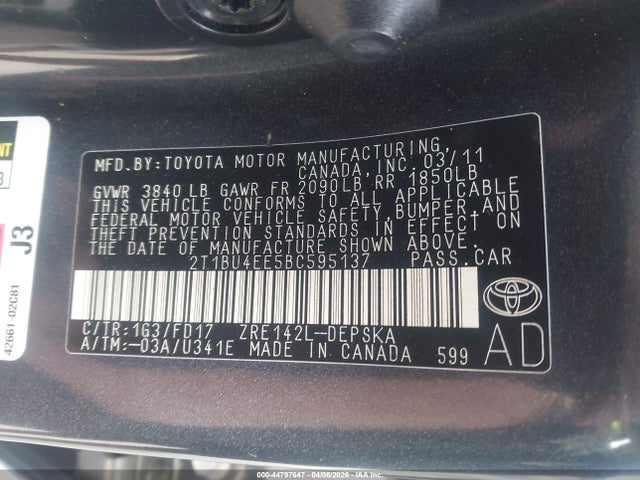 Aukcja sprzedaży 2011 Toyota Corolla S, vin: 2T1BU4EE5BC595137, numer aukcji: 44797647
