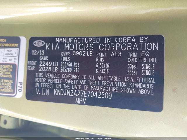 44797668 :رقم المزاد ، KNDJN2A27E7042309 vin ، 2014 Kia Soul مزاد بيع