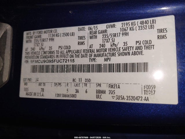 Продаж на аукціоні авто 2015 Ford Escape Se, vin: 1FMCU9G95FUC72115, номер лоту: 44797669