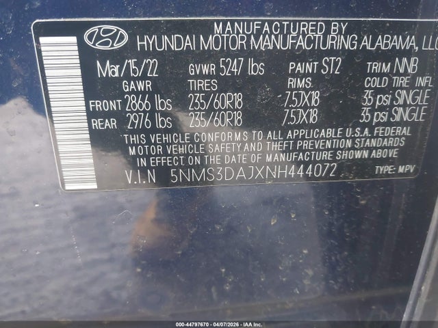 5NMS3DAJXNH444072 Hyundai Santa Fe Sel