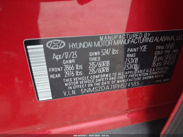Aukcja sprzedaży 2023 Hyundai Santa Fe Sel, vin: 5NMS2DAJ1PH574585, numer aukcji: 44797671