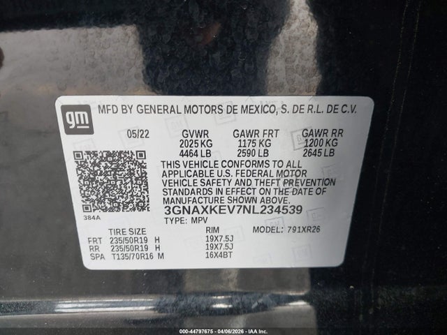 2022 Chevrolet Equinox Fwd Lt მანქანა იყიდება აუქციონზე, vin: 3GNAXKEV7NL234539, აუქციონის ნომერი: 44797675
