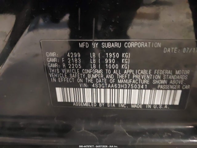 44797677 :رقم المزاد ، 4S3GTAA63H3750341 vin ، 2017 Subaru Impreza 2.0i مزاد بيع