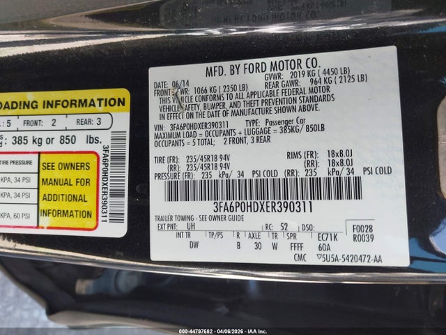 Продаж на аукціоні авто 2014 Ford Fusion Se, vin: 3FA6P0HDXER390311, номер лоту: 44797682