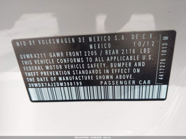 44797694 :رقم المزاد ، 3VWDX7AJ2DM396199 vin ، 2013 Volkswagen Jetta 2.5l Se مزاد بيع