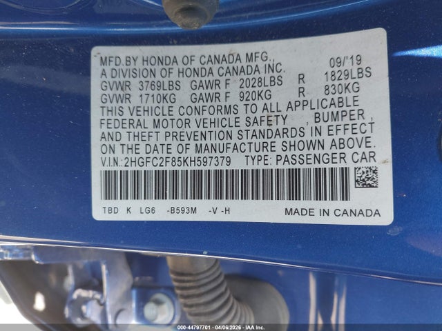 2019 HONDA CIVIC 2HGFC2F85KH597379 Photo 8