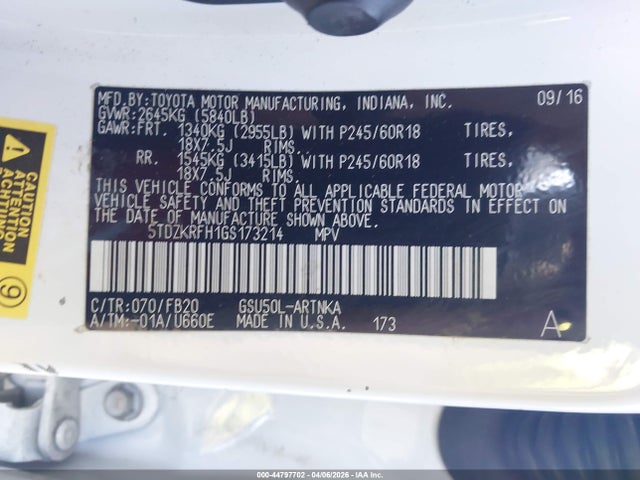 5TDZKRFH1GS173214 Toyota Highlander Le V6