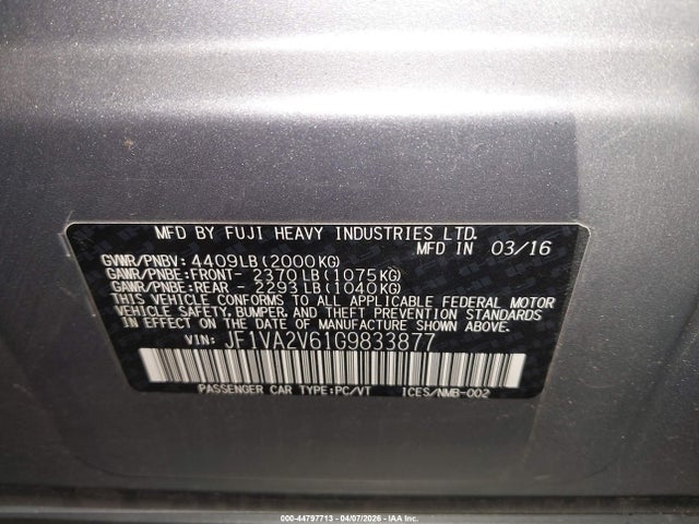 2016 Subaru Wrx Sti მანქანა იყიდება აუქციონზე, vin: JF1VA2V61G9833877, აუქციონის ნომერი: 44797713