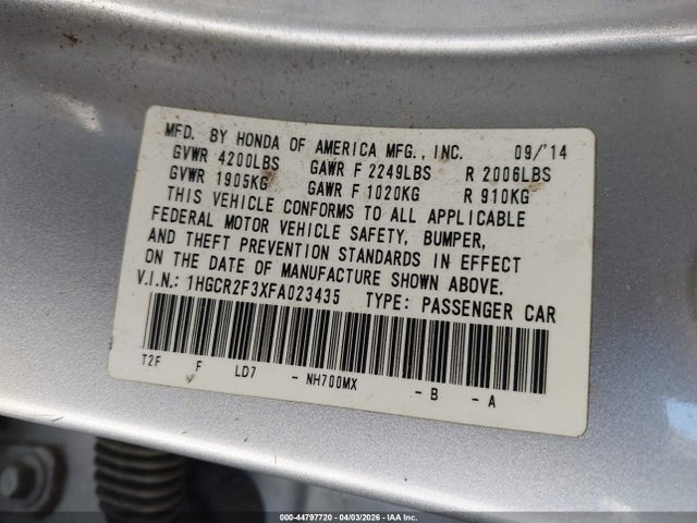 Aukcja sprzedaży 2015 Honda Accord Lx, vin: 1HGCR2F3XFA023435, numer aukcji: 44797720
