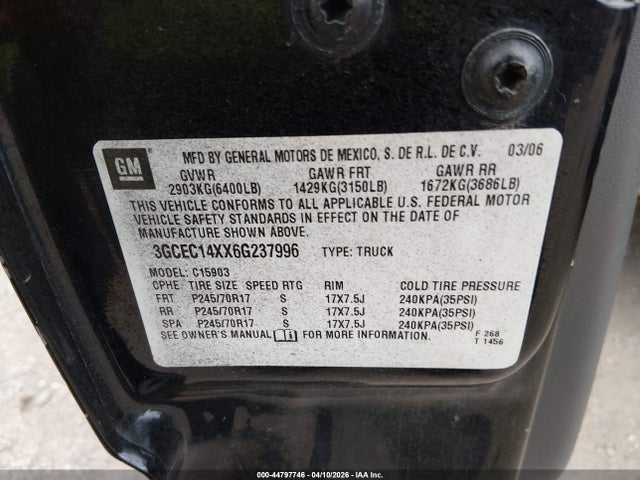 2006 Chevrolet Silverado 1500 Work Truck მანქანა იყიდება აუქციონზე, vin: 3GCEC14XX6G237996, აუქციონის ნომერი: 44797746