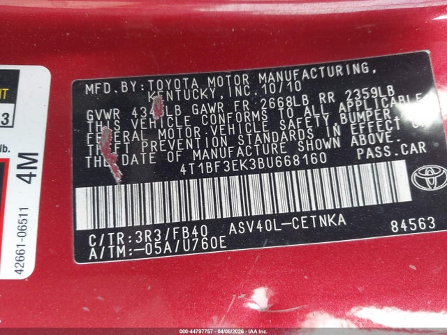 2011 Toyota Camry Le მანქანა იყიდება აუქციონზე, vin: 4T1BF3EK3BU668160, აუქციონის ნომერი: 44797757