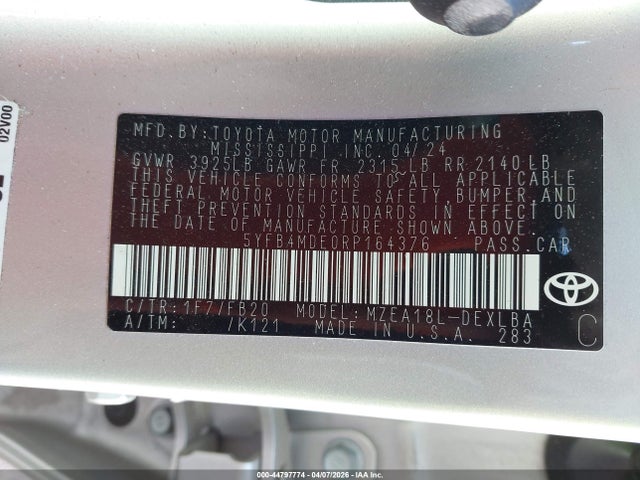 Aukcja sprzedaży 2024 Toyota Corolla Le, vin: 5YFB4MDE0RP164376, numer aukcji: 44797774