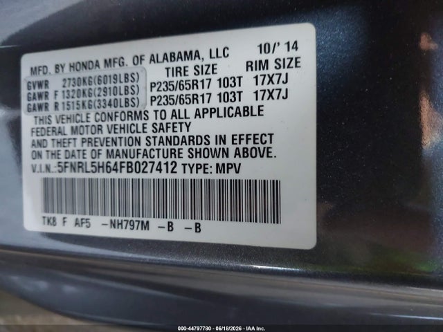 Honda Odyssey Ex-l 2015 5FNRL5H64FB027412 Image 9