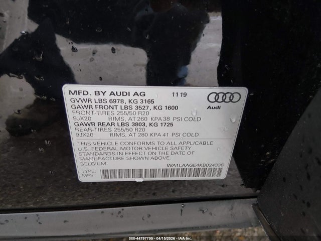 Продажа на аукционе авто 2019 Audi E-tron Premium Plus, vin: WA1LAAGE4KB024336, номер лота: 44797795