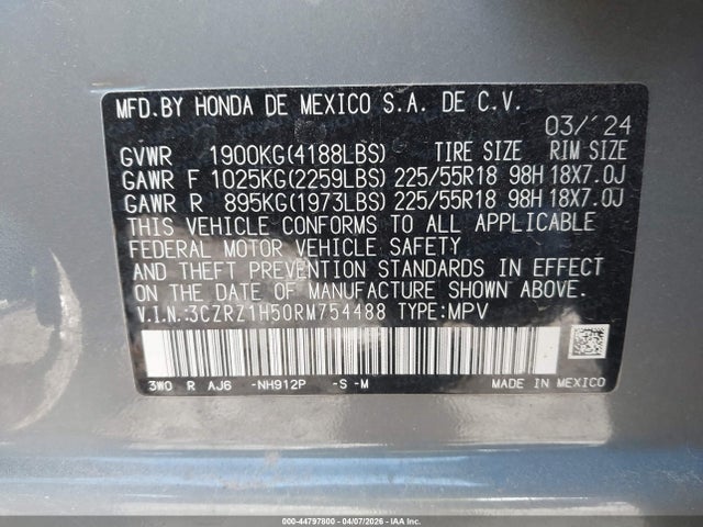Продаж на аукціоні авто 2024 Honda Hr-v 2wd Sport/2wd Sport W/o Bsi, vin: 3CZRZ1H50RM754488, номер лоту: 44797800