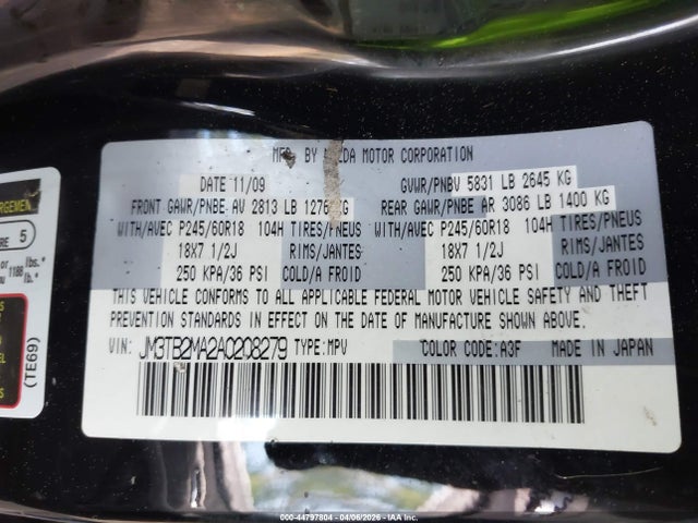 44797804 :رقم المزاد ، JM3TB2MA2A0208279 vin ، 2010 Mazda Cx-9 Sport مزاد بيع