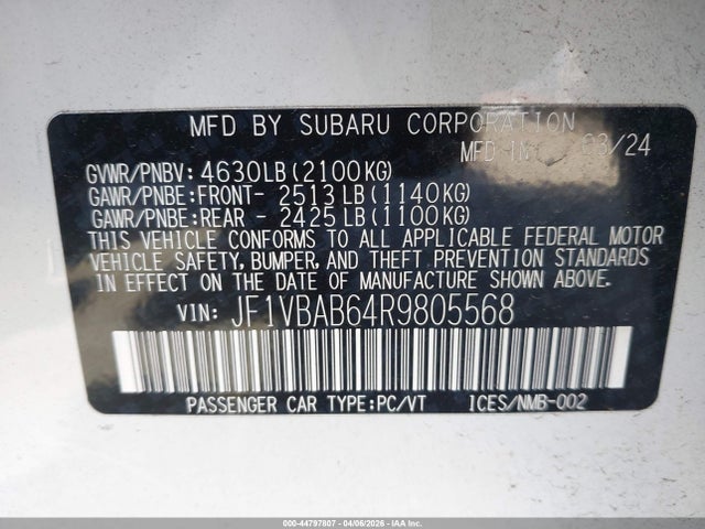 2024 Subaru Wrx მანქანა იყიდება აუქციონზე, vin: JF1VBAB64R9805568, აუქციონის ნომერი: 44797807