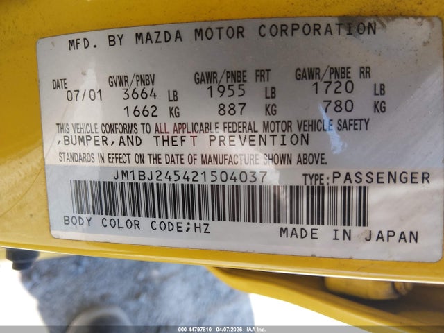 2002 Mazda Protege5 მანქანა იყიდება აუქციონზე, vin: JM1BJ245421504037, აუქციონის ნომერი: 44797810