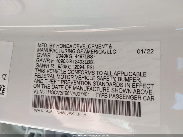 44797820 :رقم المزاد ، 1HGCV3F96NA007401 vin ، 2022 Honda Accord Hybrid Touring مزاد بيع