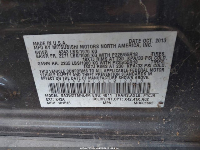 Продаж на аукціоні авто 2014 Mitsubishi Outlander Sport Es, vin: 4A4AP3AU2EE012818, номер лоту: 44797824