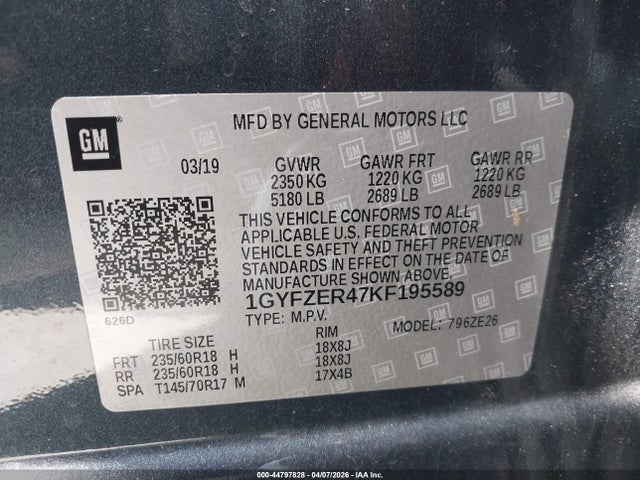 44797828 :رقم المزاد ، 1GYFZER47KF195589 vin ، 2019 Cadillac Xt4 Sport مزاد بيع