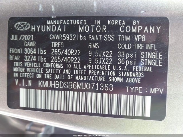 44797830 :رقم المزاد ، KMUHBDSB6MU071363 vin ، 2021 Genesis Gv80 2.5t Awd مزاد بيع