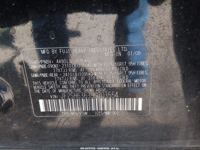 Продажа на аукционе авто 2009 Subaru Forester 2.5x, vin: JF2SH63639G703554, номер лота: 44797835