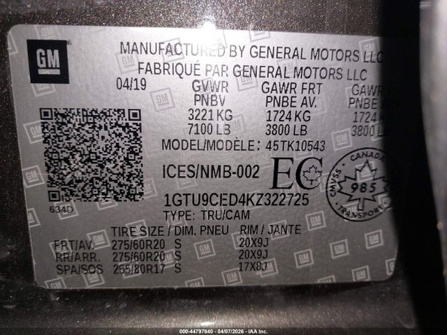 Aukcja sprzedaży 2019 Gmc Sierra 1500 Elevation, vin: 1GTU9CED4KZ322725, numer aukcji: 44797840